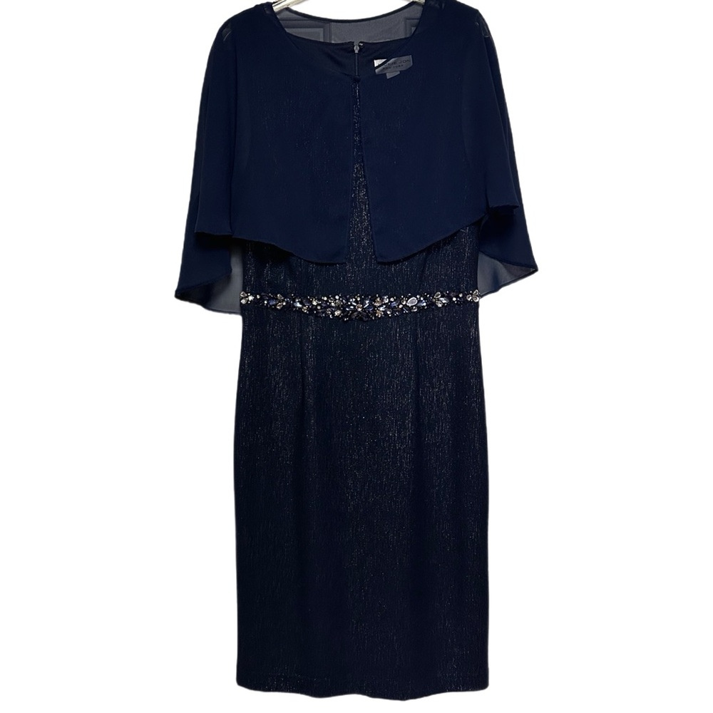Jackie Jon New York Elegant Navy Blue Midi Sheath Dress with Shawl